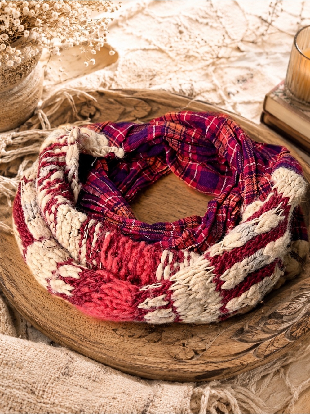 Free People Plaid Knit Wool Blend Infinity Scarf Red Cream Silk Mohair